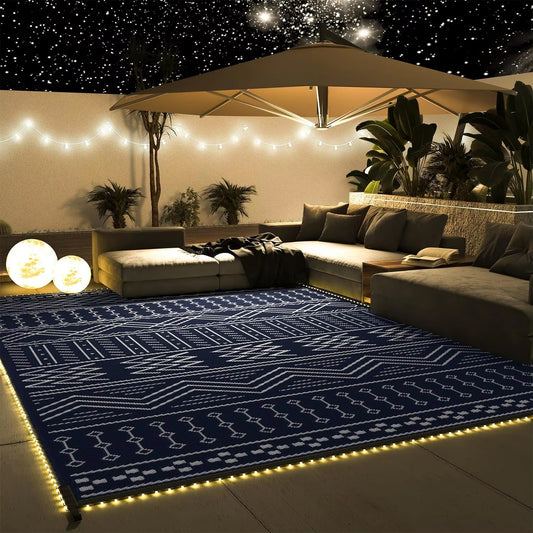 Custom Size LED Light Outdoor Camping Mat PP Materials Patio RV Waterproof Outdoor Carpet with Led Strip Lights Outdoor Rug Mat